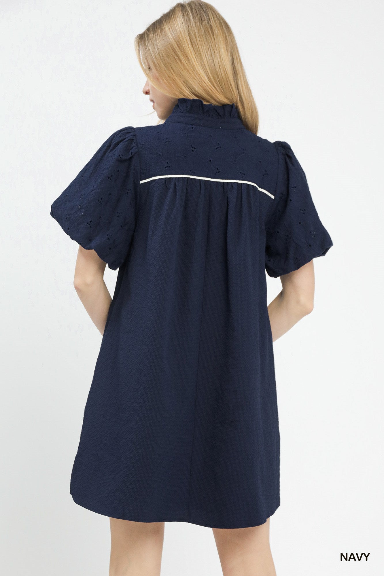 Navy Puff Sleeve Mini Dress with Contrast Trim