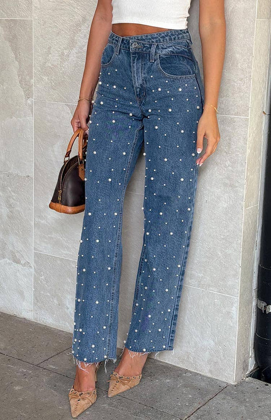 CROSS WAIST VINTAGE BEADED STRAIGHT LEG JEANS *FINAL SALE