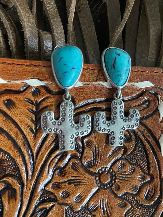 Western Silver Cactus Earrings Trendy 3 Colors: Turquoise