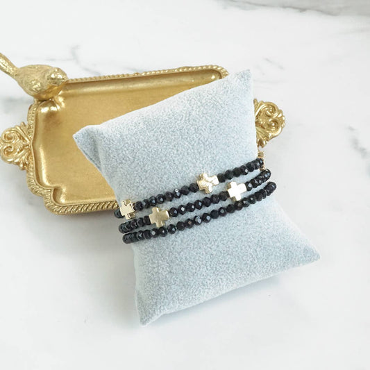 Mini Sideways Cross Bracelet stack Glass and gold metal beads: Black