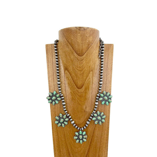 Silver Navajo pearls bead with green stone concho necklace