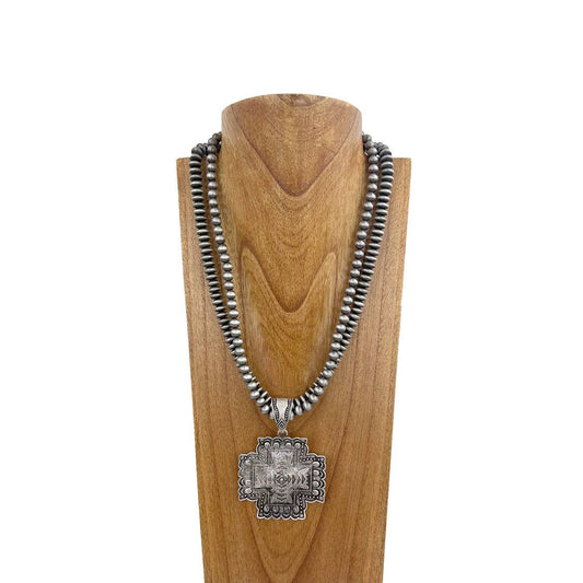 Navajo pearl beads with silver metal cross necklace