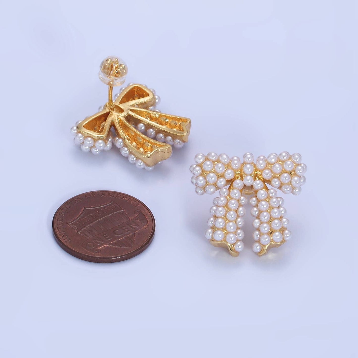 14K Gold Filled Pearl Ribbon Bow Stud Earrings : Sliver