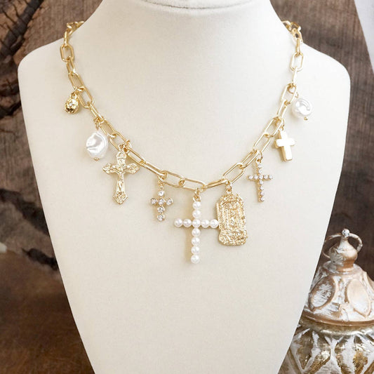 Radiant Faith – Mixed Charm Cascade Necklace in Gold Tone