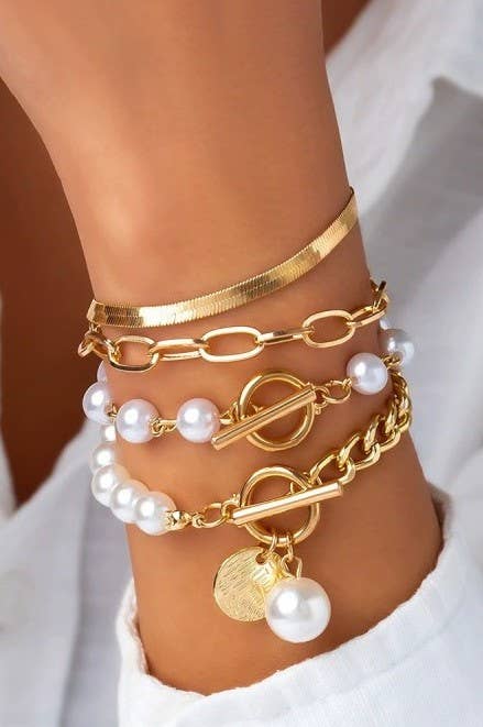 MULTILAYER PEARL CHAIN HERRINGBONE MIX BRACELET