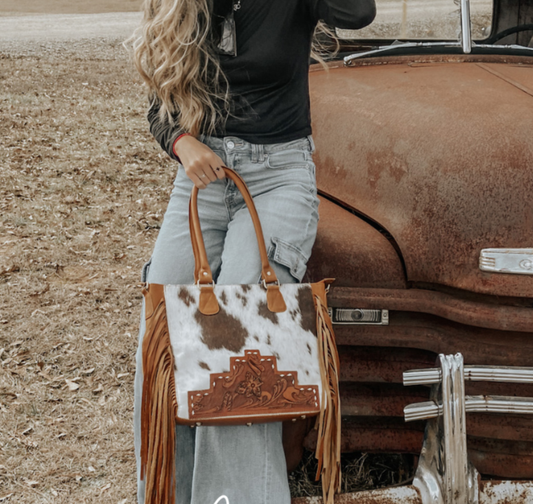 Womens Cowhide and Tooled Leather Fringe Tote Purse