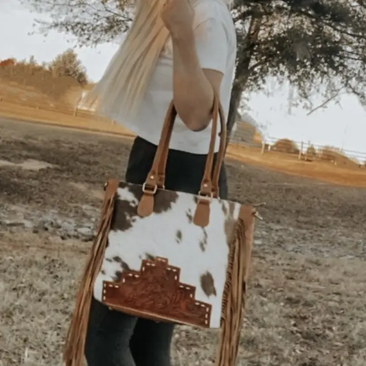 Womens Cowhide and Tooled Leather Fringe Tote Purse