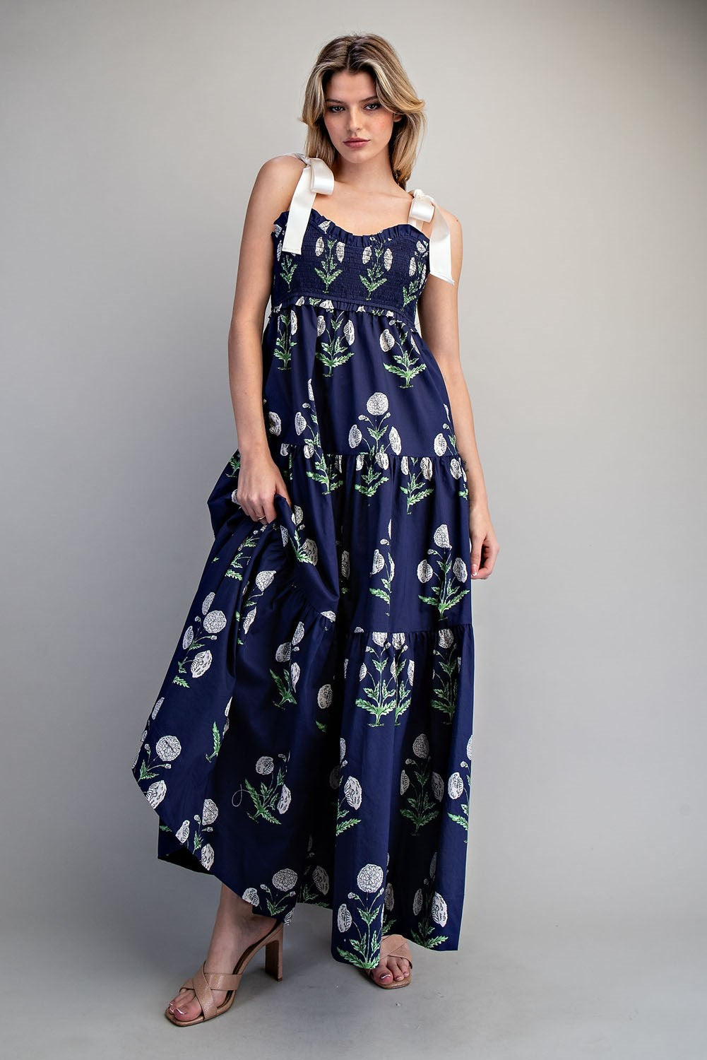 Navy Floral Tie Strap Maxi Dress