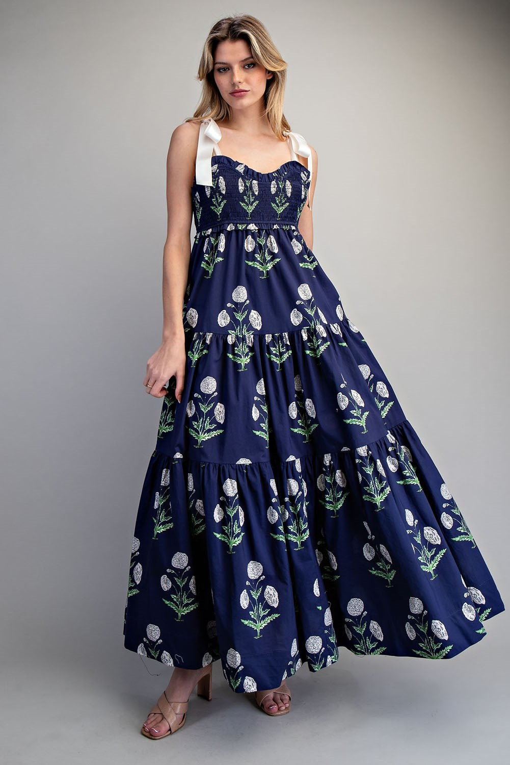 Navy Floral Tie Strap Maxi Dress