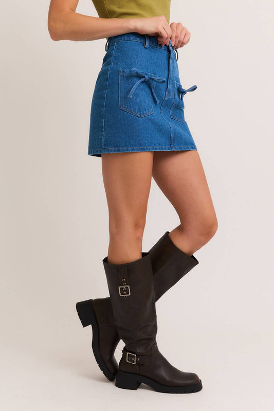 BOW DETAIL HIGH WAIST DENIM SKIRT