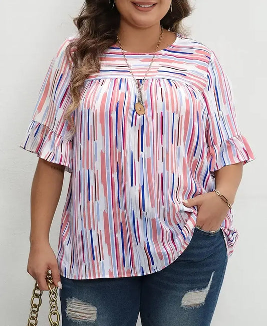 White Stripe Ruffled Short Sleeve Plus Size Blouse