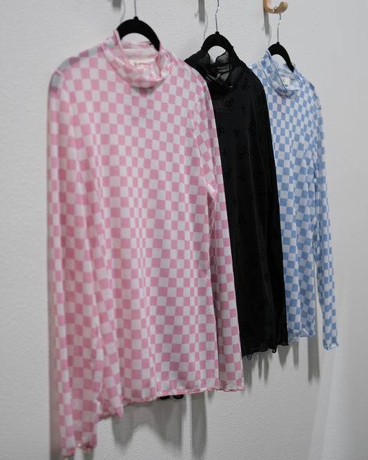 Checkered Long-Sleeve Mesh Tops