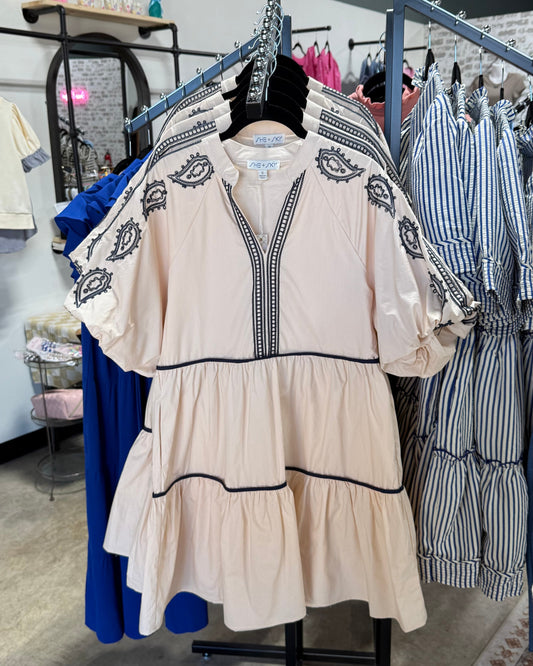 Bubble Sleeve Embroidered Dress