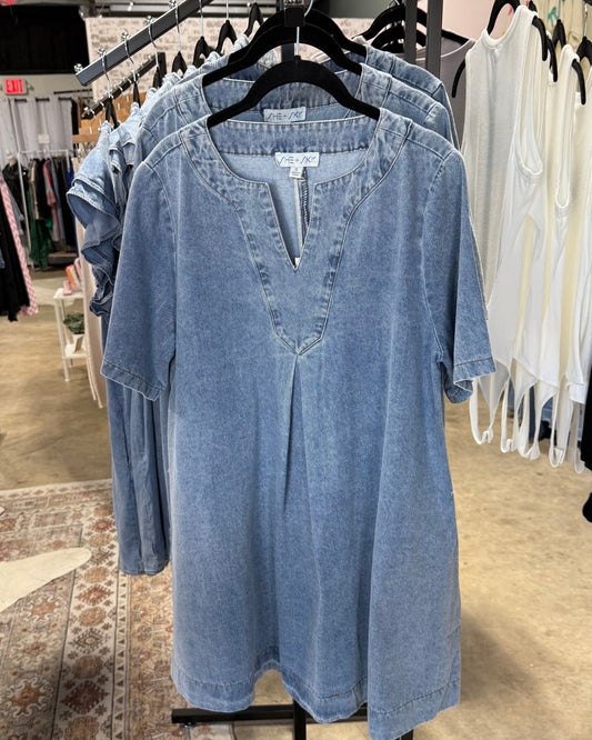 V-neck Washed Denim Dress