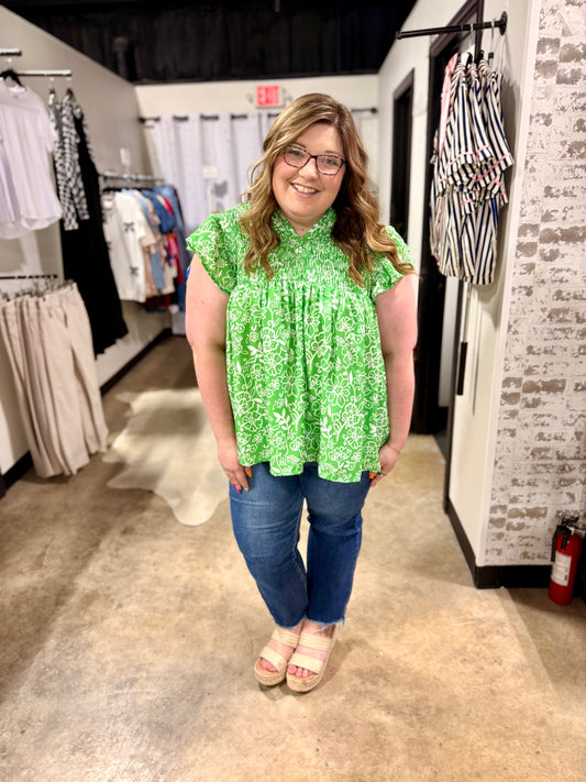 Plus Size Green Floral Ruffle Sleeve V-Neck Blouse