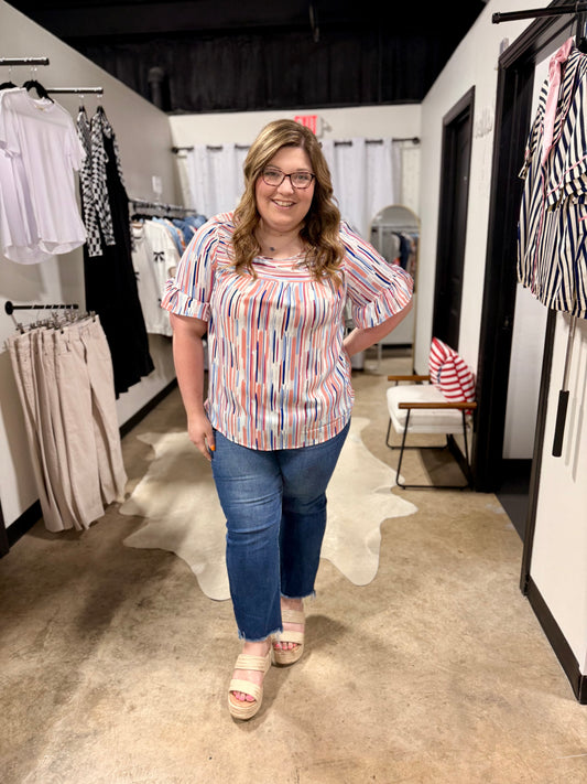 White Stripe Ruffled Short Sleeve Plus Size Blouse