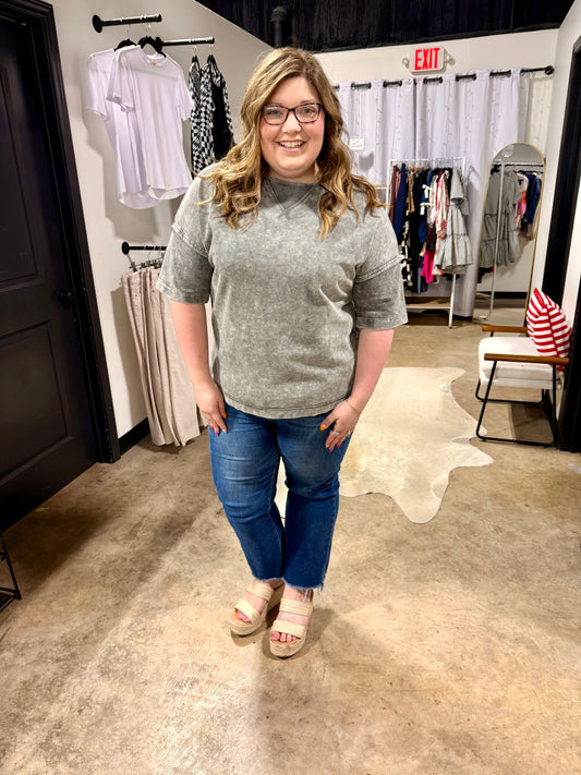 Light Grey Mineral Wash Drop Sleeve Patchwork Plus Tee