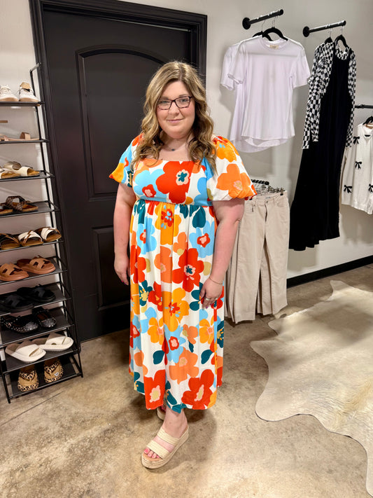 Orange Plus Size Flower Print Shirred Square Neck Maxi Dress
