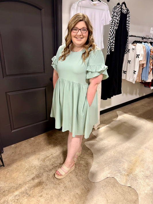 Plus Size Grass Green Ruffle Trim Short Sleeve Flared Mini Dress
