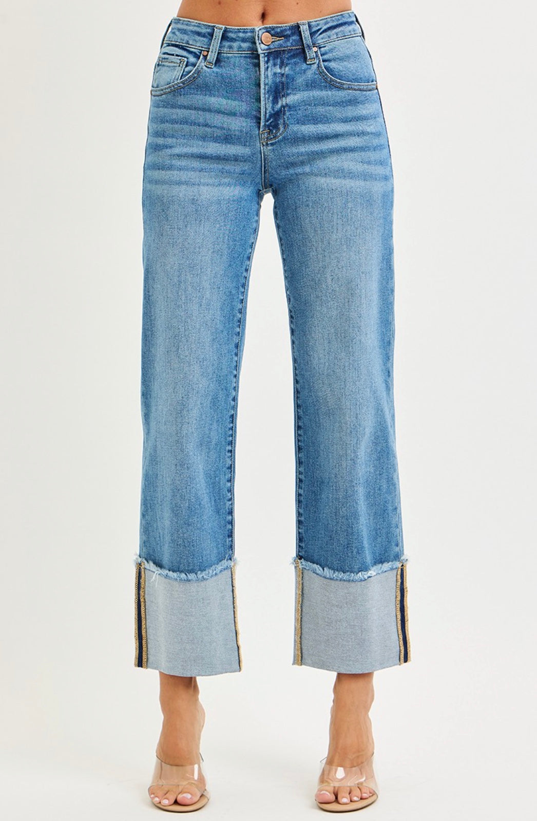 Mid Rise Crop Wide Cuff Jeans
