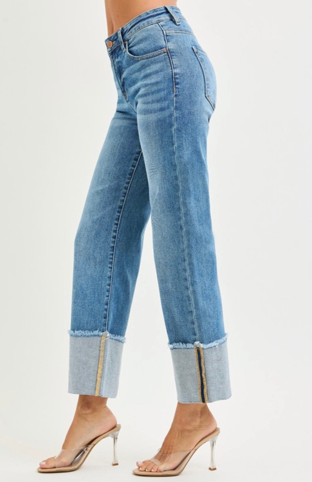Mid Rise Crop Wide Cuff Jeans