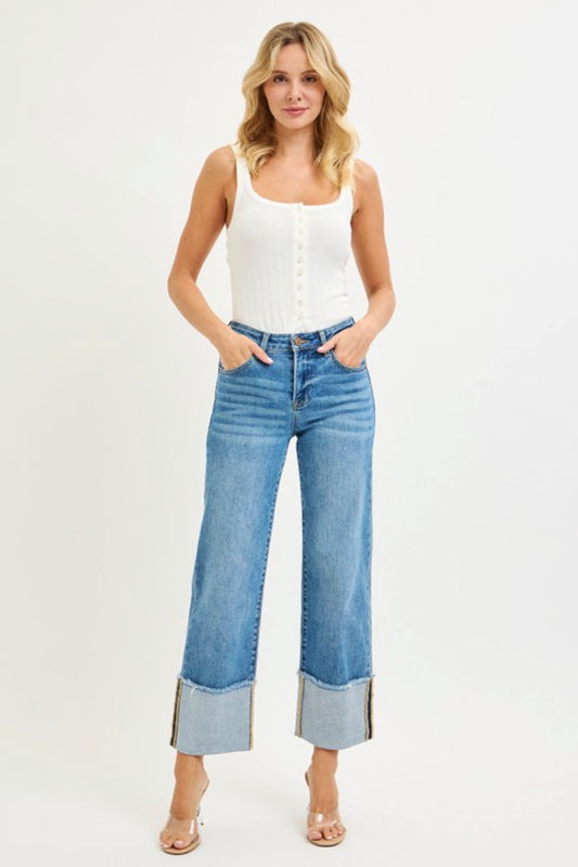 Mid Rise Crop Wide Cuff Jeans