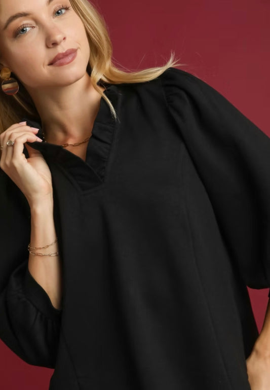 Ruffle Neck Blouse with Puff Sleeves