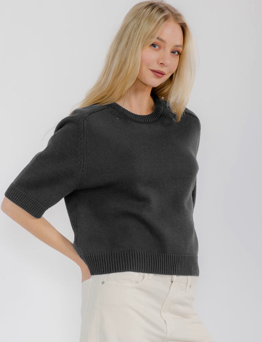 Navy Charcoal Short Sleeve Sweater Top