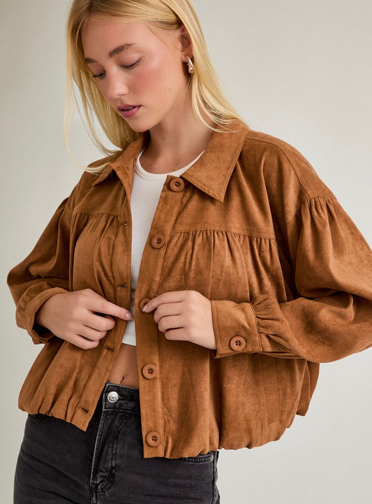 Shirring Detail Suede Jacket