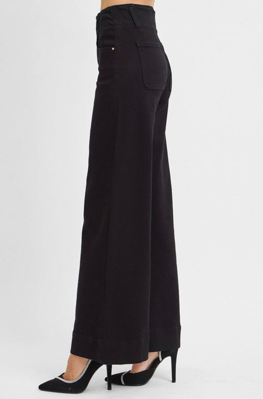 Black wide-leg pants on a white background