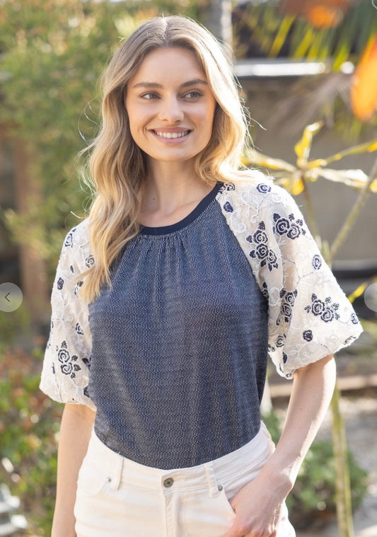 Floral Embroidered Sleeve Knit Top