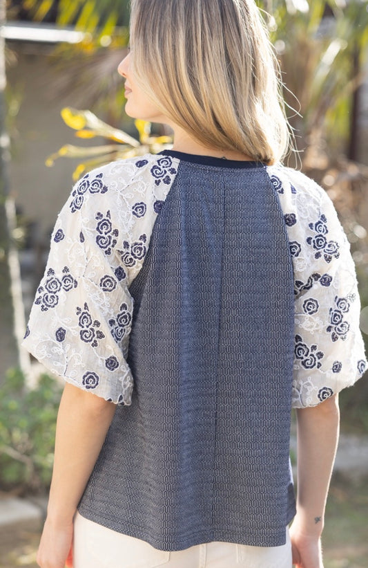 Floral Embroidered Sleeve Knit Top