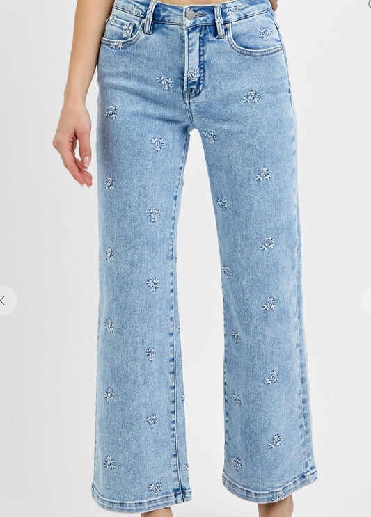 RISEN Embroidered Detail High Rise Crop Jeans