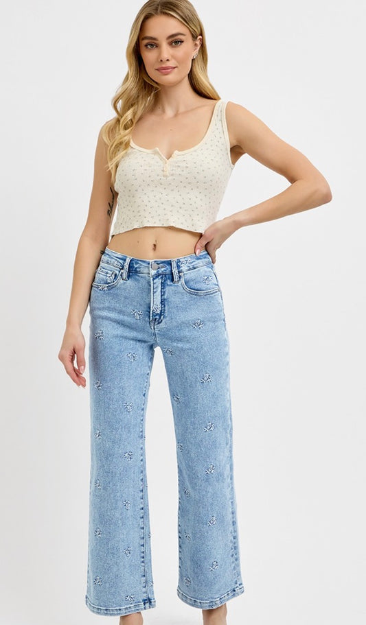 RISEN Embroidered Detail High Rise Crop Jeans