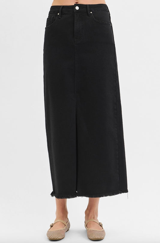 RISEN Black Denim Midi Skirt