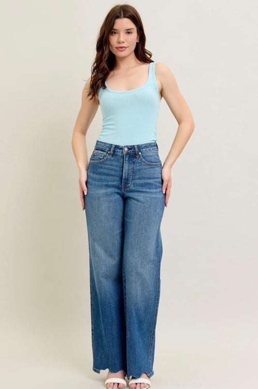 High Waist Destroyed Hem Wide Leg