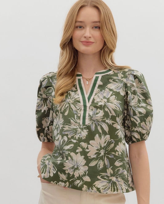 Green Floral Print Top