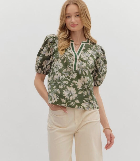 Green Floral Print Top