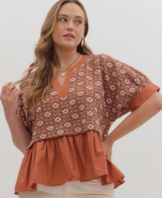 RUST Contrast Babydoll Top