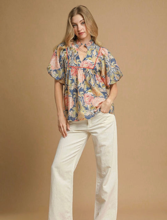 Floral Puff Sleeve Peasant Blouse