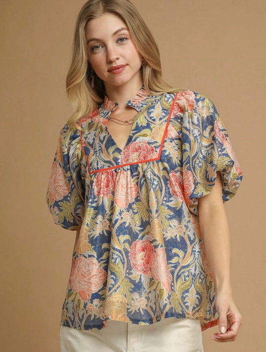 Floral Puff Sleeve Peasant Blouse