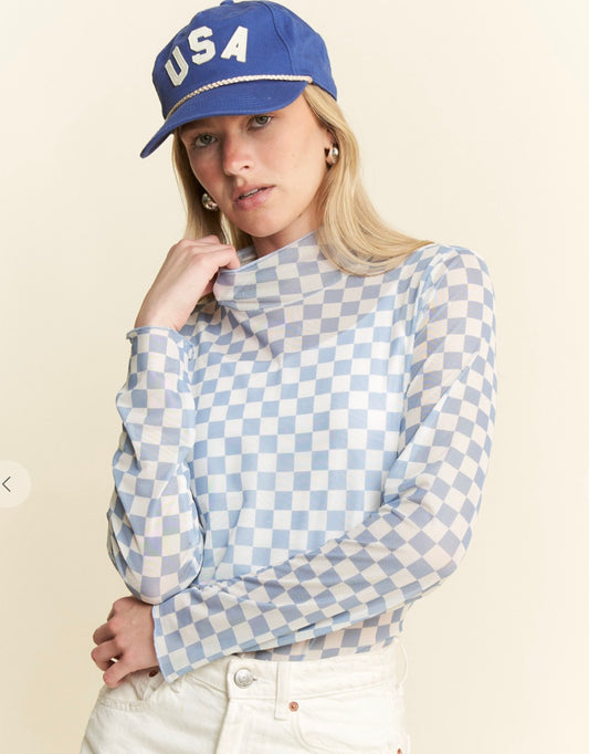 Checkered Long-Sleeve Mesh Tops