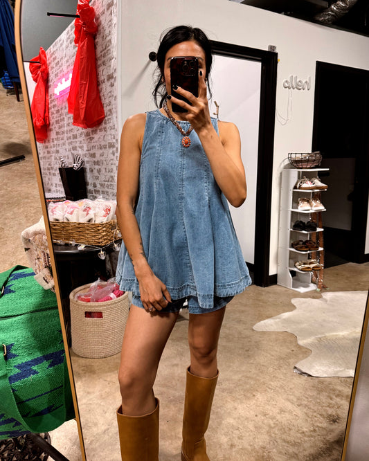 Denim shorts paired with matching top