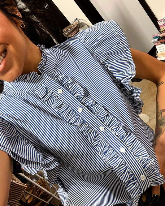 ruffle blue and white blouse