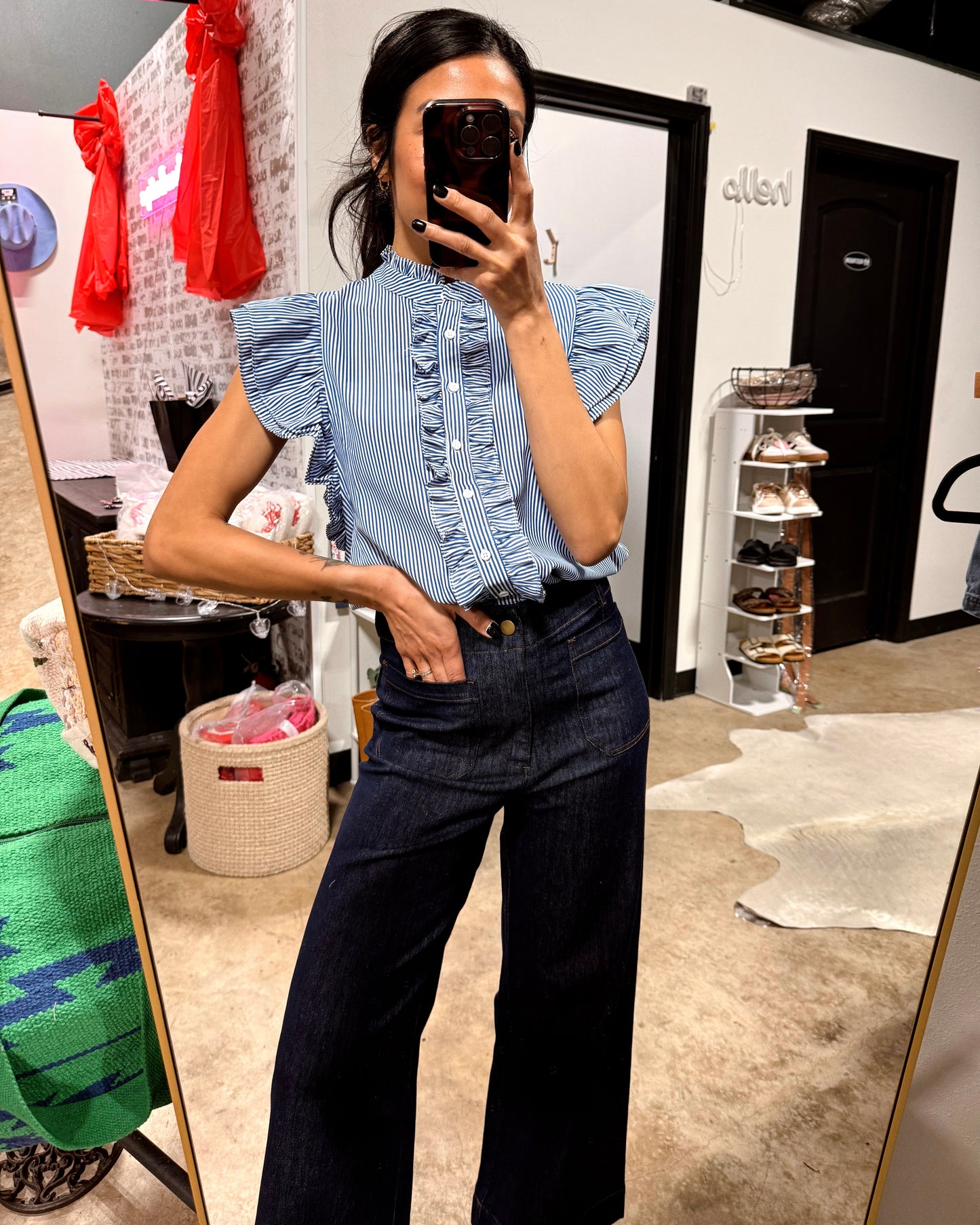 blue and white ruffle blouse