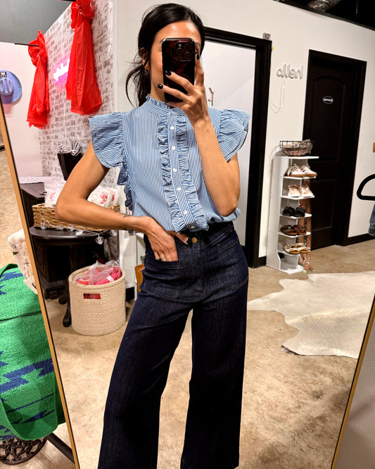 blue and white ruffle blouse