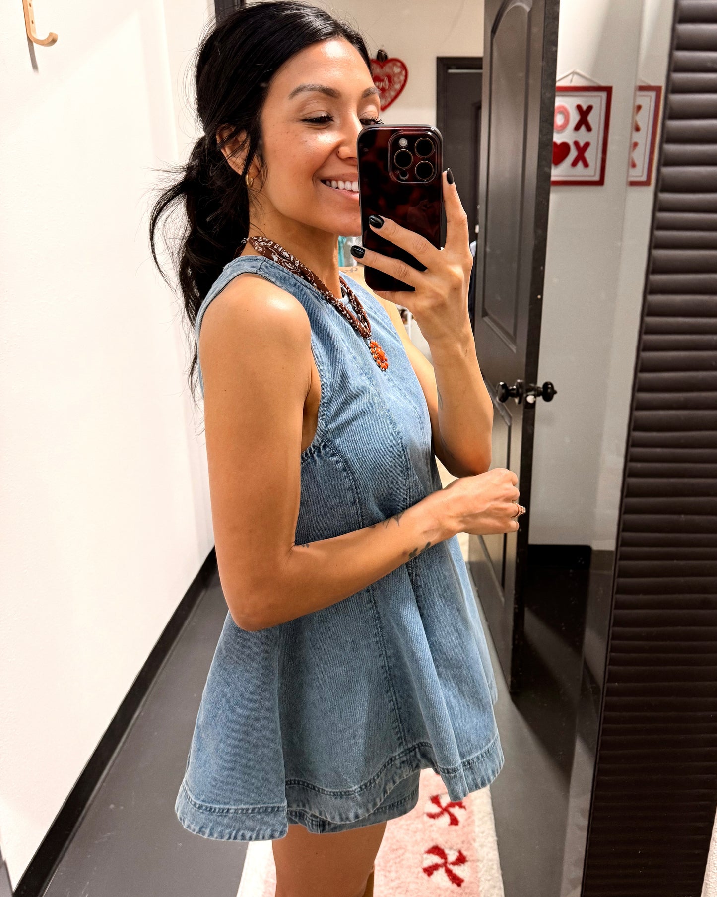 side view of denim tank 