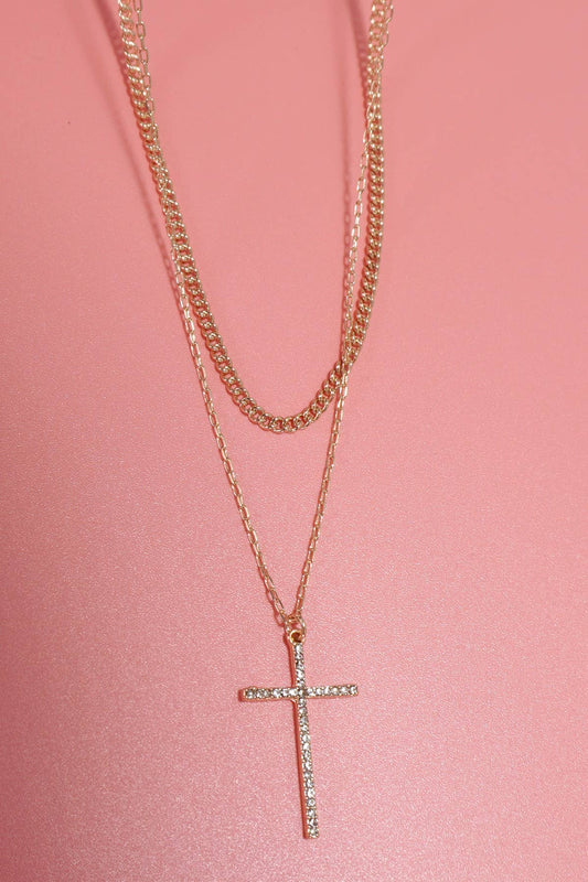 DOUBLE LAYER RHINESTONE CROSS CHARM NECKLACE