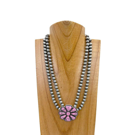 Navajo pearl beads chain with stone flower