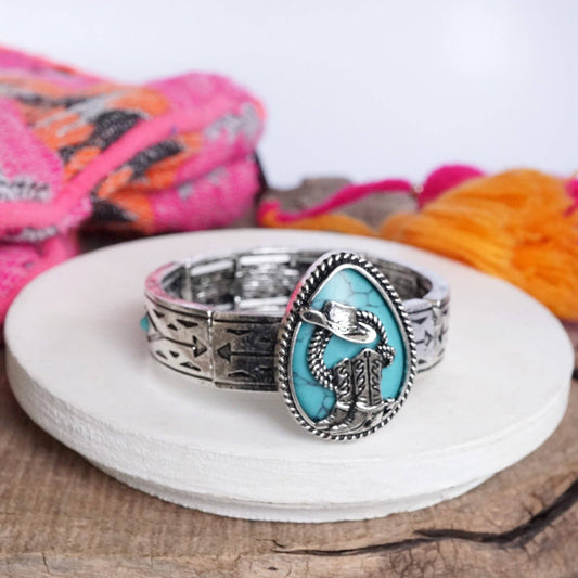 Rodeo Reverie – Western Cowboy Boots & Hat Statement Bangle in Silver with Turquoise or Pink
